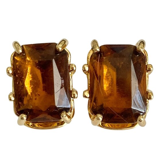 Vintage Amber Glass Clip On Earrings Jeweled Cut Gold Plated Huggie 70's USA - Picture 1 of 10